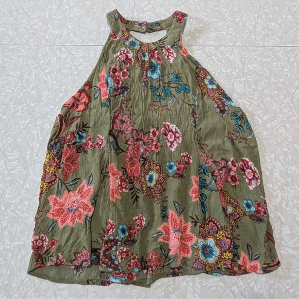Blue Rain Olive Green Floral Halter Neck Top Boho‎ Chic Cutout Crepe Blouse M